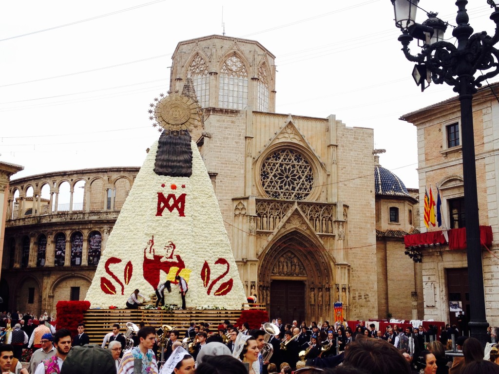 the procession in one of the squares of Valencia during the Las Fallas festival
