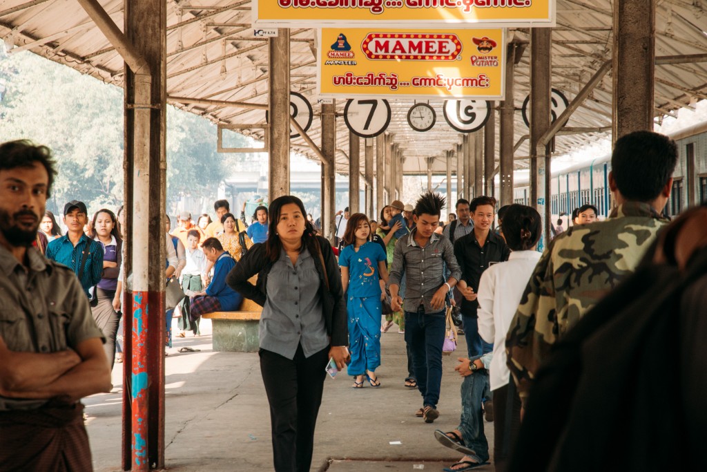 Locals in Yangon on a circle train platform