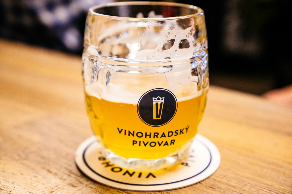Glass of Vinohradsky pivovar beer in Prague