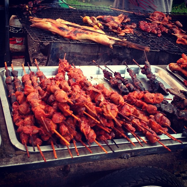Barbecued meat skewers in Siem Reap